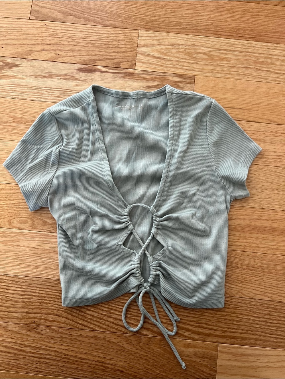 Abercrombie and Fitch Ribbed Lace-Up V-Neck Crop Top - Sage Green